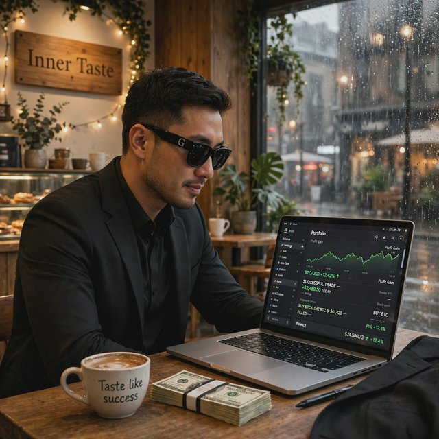 Realistic, a man wearing a black suit and cool shades with the word “G” on them, sitting near a table in a friendly coffee shop with the words “Inner Taste” displayed in the shop, coffee on the table, a coffee cup with the words “Taste like success,” a stack of money on the table, a high-end laptop displaying a successful trade, and rain pouring outside. The vibe is calm and chill. — Muse Image 1.0
