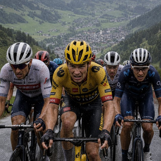 A frontal, close-up shot of a field of competitive cyclists ascending a mountain in the rain. In the background, we see a lush green valley with a small town. — GPT Image 2