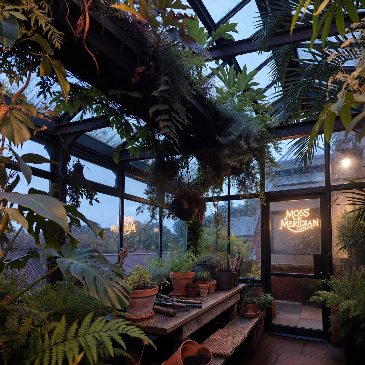 Inside a rooftop greenhouse at blue hour, tropical leaves crowd iron beams above a quiet potting bench; "MOSS & MERIDIAN" glows in warm amber neon along the glass entrance, with rain beads catching the light. — ImagineArt 1.5 Pro