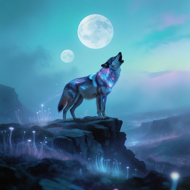 A solitary wolf, its fur subtly infused with shimmering, bio-luminescent patterns, howling at a sky filled with twin moons. The wolf stands on a cliff overlooking a vast, alien landscape dotted with strange, glowing rock formations and spectral, phosphorescent vegetation. — Krea 2 Medium