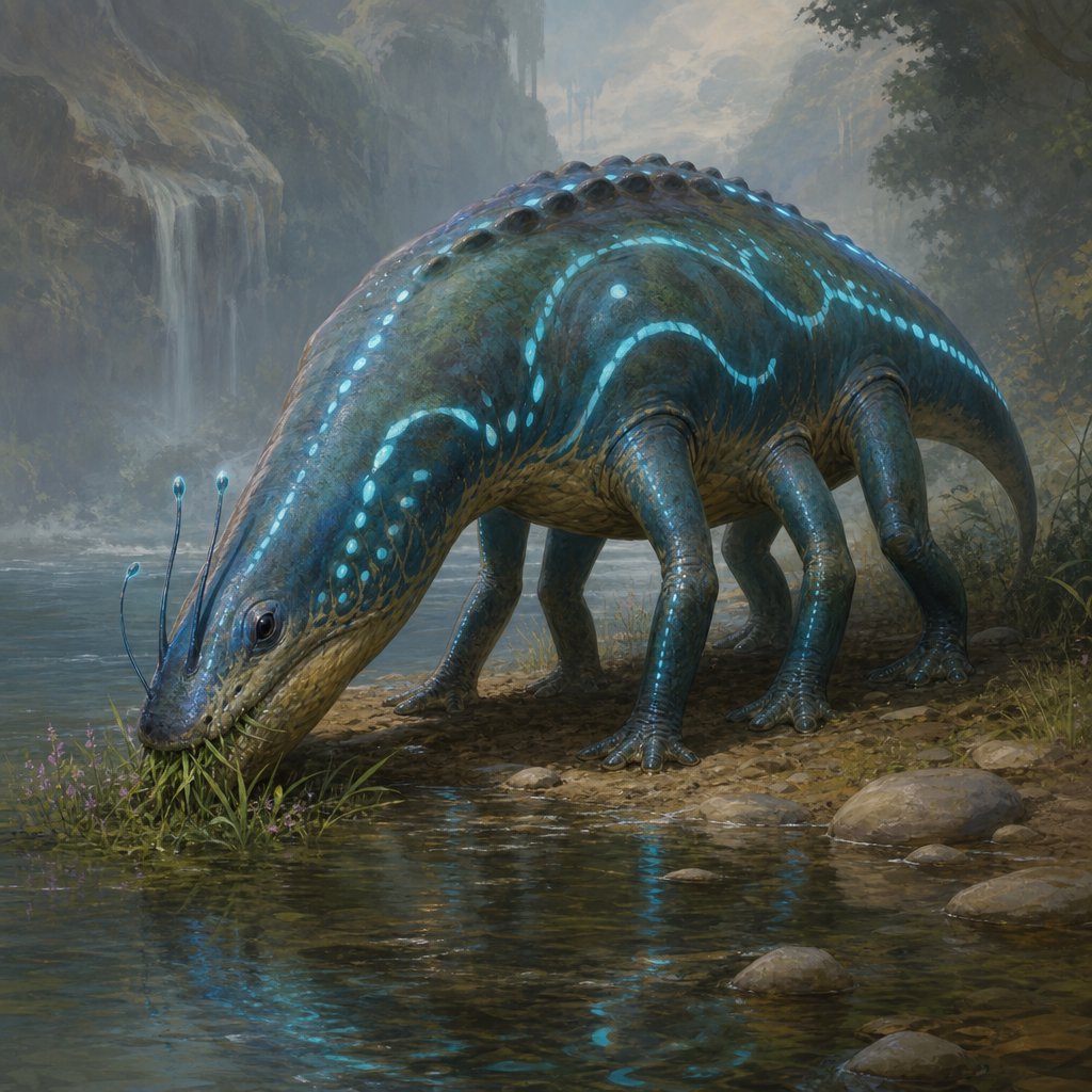 Creature design: a six-legged amphibious grazer with bioluminescent markings, shown on a riverbank, painterly. — GPT Image 2