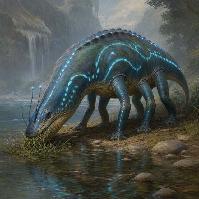 Creature design: a six-legged amphibious grazer with bioluminescent markings, shown on a riverbank, painterly. — GPT Image 2