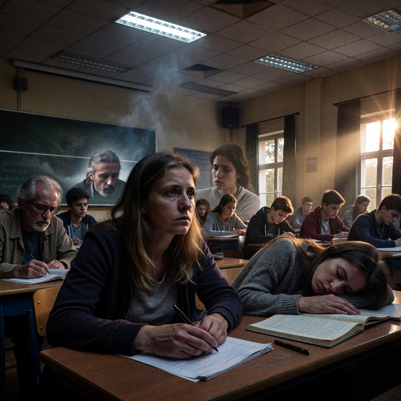 Realistic image. People discovering that their lives were all just a dream at the end of their lives. The whole time, they were just 21-year-old college students who took a nap in class. — ImagineArt 1.5 Pro