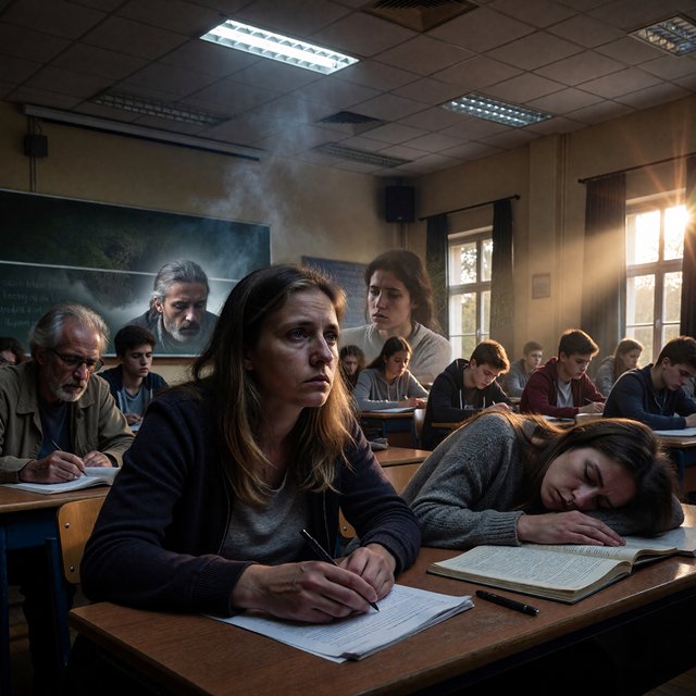 Realistic image. People discovering that their lives were all just a dream at the end of their lives. The whole time, they were just 21-year-old college students who took a nap in class. — Model 8