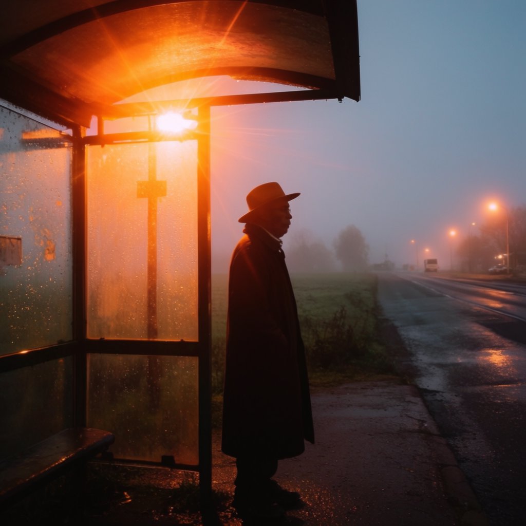 Candid documentary photograph of an adult waiting beside a city bus shelter at dawn, sodium streetlights fading into cool blue daylight, 50mm lens with shallow depth of field, fine rain droplets clinging to the shelter glass. — Krea 2 Large