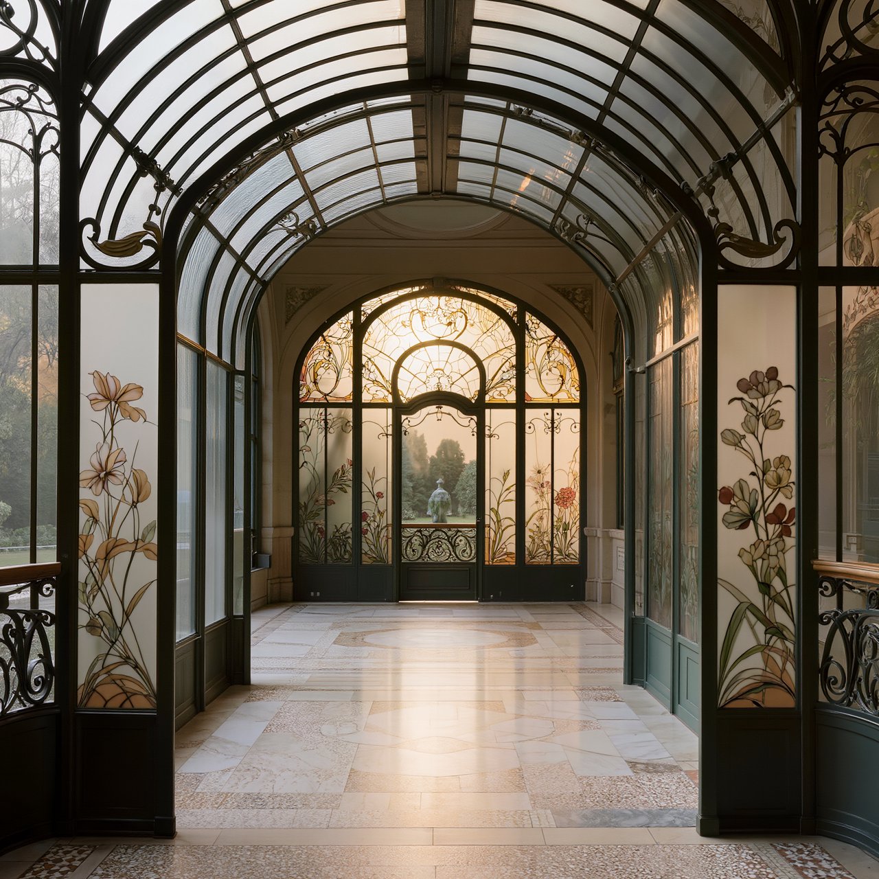 Interior of an Art Nouveau winter garden, curved iron ribs, cream terrazzo floor, hand-painted botanical glass panels, filtered late-afternoon sunlight, viewed from the entrance along the central axis, elegant geometry and believable load-bearing structure. — Kling v3