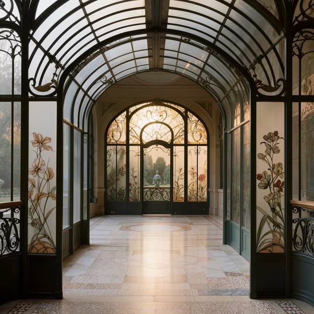 Interior of an Art Nouveau winter garden, curved iron ribs, cream terrazzo floor, hand-painted botanical glass panels, filtered late-afternoon sunlight, viewed from the entrance along the central axis, elegant geometry and believable load-bearing structure. — Kling v3