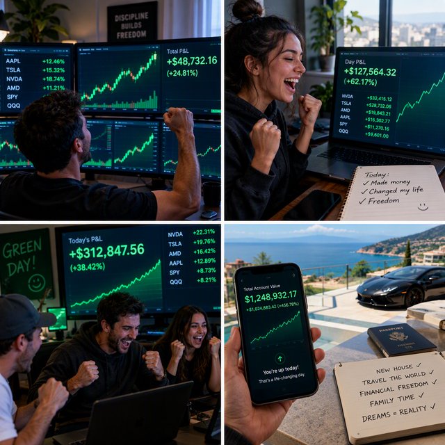 People making successful trades. A totally green day. Making a lot of money (life-changing money). At least 4 scenes. — GPT Image 2.5 Flare