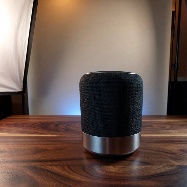 Commercial product photograph of an unbranded wireless speaker made from textured black fabric and satin aluminum, placed on a walnut tabletop against a warm cream background, illuminated by a large softbox and subtle backlight. — ImagineArt 1.5 Pro