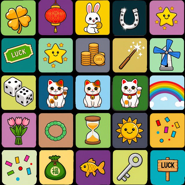Many panels. Each panel represents an item, thing, creature, or scene that represents Luck. The word "Luck" appears at least once in the image. Be as creative as possible. — Kling v3