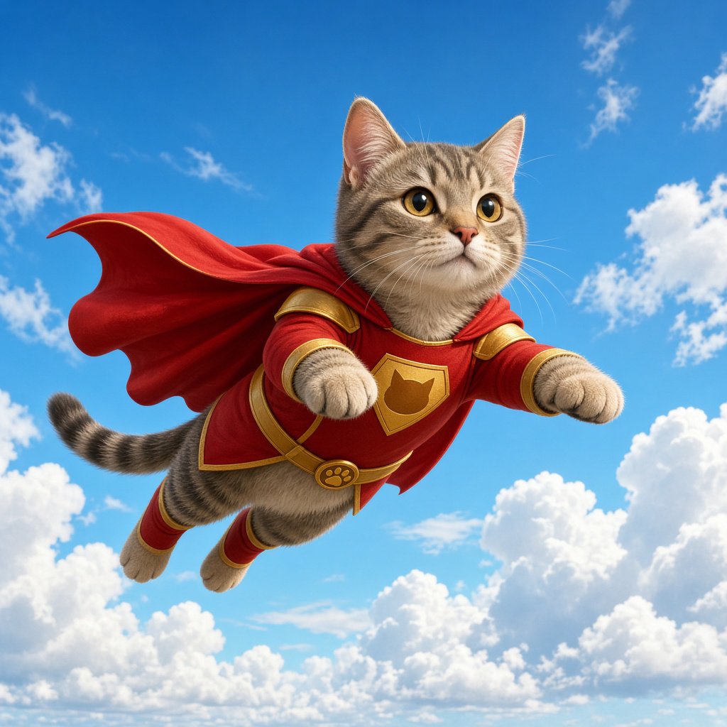 A cat flying in the sky wearing a super kitty costume. — Grok Imagine Image 2