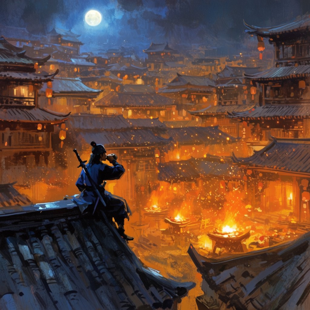 A lone Chinese swordsman sits on a tiled rooftop in ancient China at night, gazing over a lantern-lit city while drinking from a ceramic wine flask, moonlight bathing the quiet scene. — Krea 2 Large