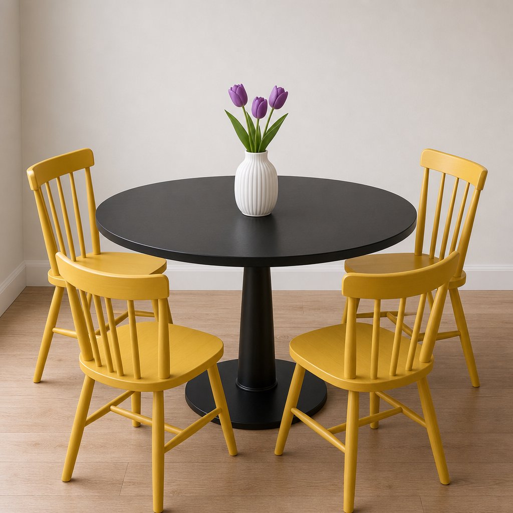 Exactly four yellow wooden chairs surround a round black table: two chairs at the front, one on the left, and one on the right. A white vase with three purple tulips sits at the table center, nothing else. — GPT Image 2