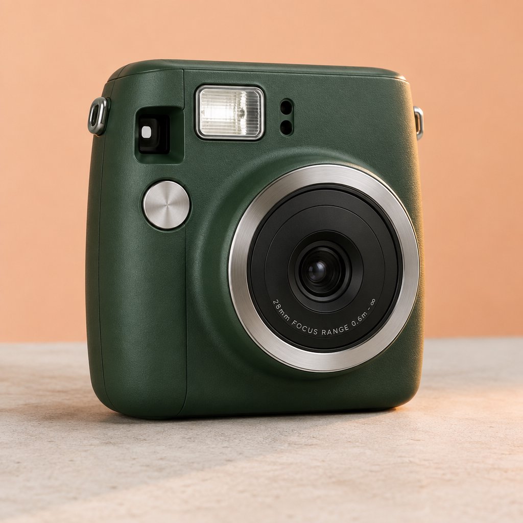 Commercial product photograph of an unbranded compact instant camera in matte forest-green polymer with brushed steel details, resting on a pale concrete surface against a warm peach background, illuminated by broad diffused studio light and a soft rim light. — GPT Image 2.5 Flare