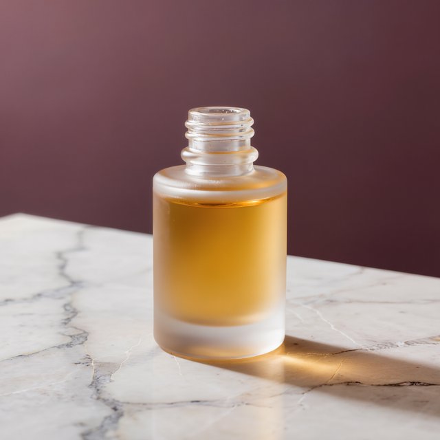 Under a broad diffused key and cool edge light, an unbranded frosted-glass serum bottle displays clear golden oil against a muted plum background, resting on honed pale travertine with its blank surface free of lettering. — Kling v3