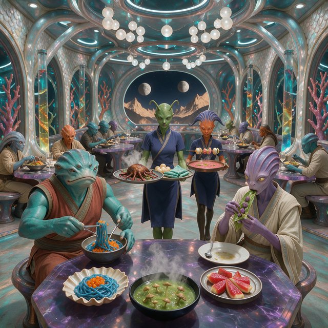 An alien restaurant on a strange planet. The interior is well lit, but the décor is very strange and out of this world. Alien waitresses are bringing in platters of food. Alien diners are eating very unusual dishes. — FLUX 3 Image