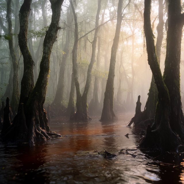 A cypress swamp at foggy sunrise after overnight drizzle, dark tea-colored water threading between moss-draped trunks; slick root knees and floating leaves lead toward pale trees disappearing into layered mist. — Krea 2 Large