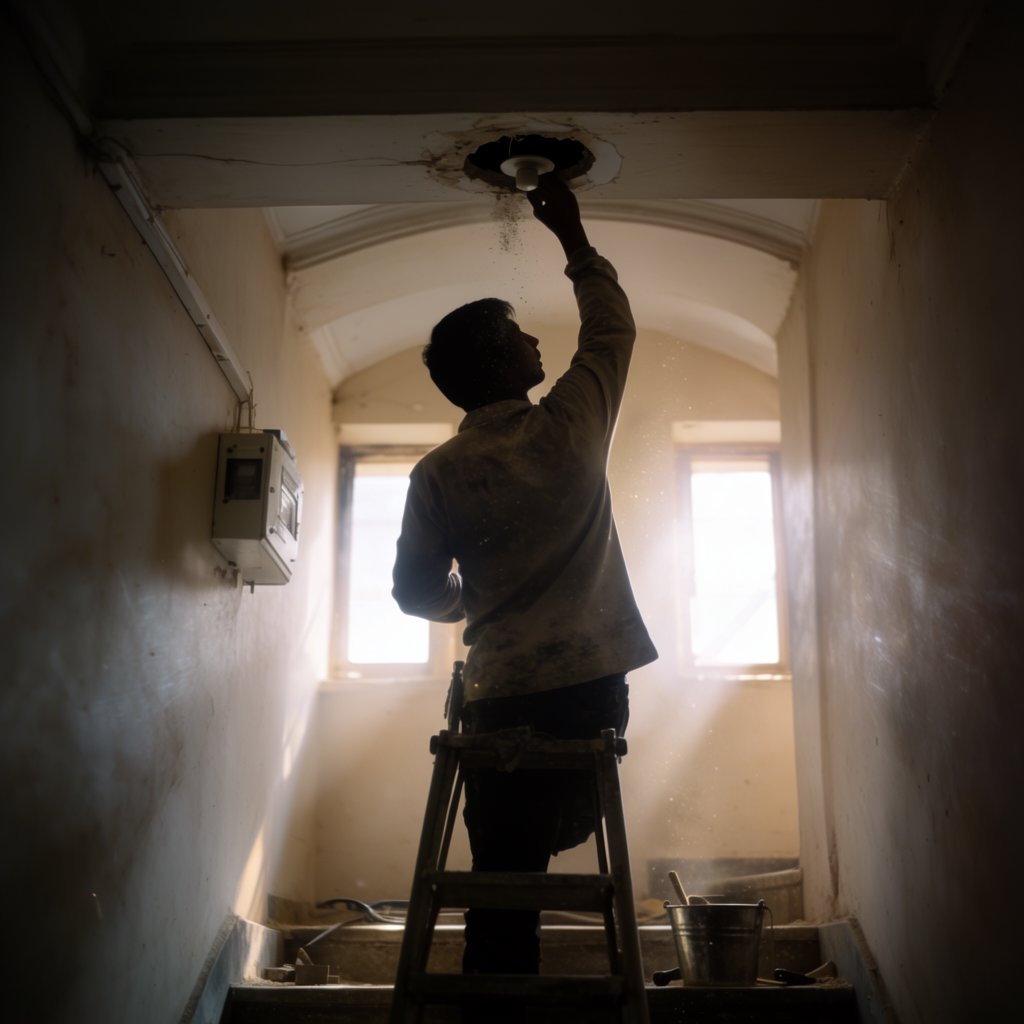 Candid documentary photograph of an adult building caretaker changing a ceiling light in a quiet apartment stairwell, pale afternoon window light, 35mm lens with moderate depth of field, plaster dust drifting from the fixture. — Krea 2 Large
