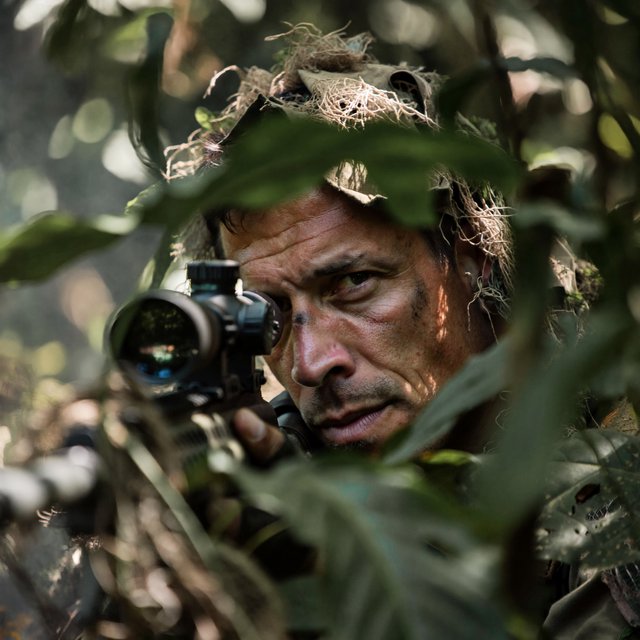 An adult sniper concealed in dense jungle foliage, aiming at a distant target, with a close-up view of his focused face. — Model 6