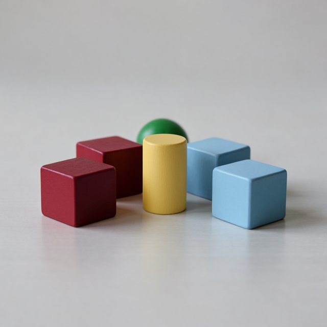 Exactly five wooden toy blocks sit on a pale gray table: two red cubes on the left, one yellow cylinder in the center, and two blue cubes on the right. A small green ball sits behind the cylinder, nothing else. — Krea 2 Large