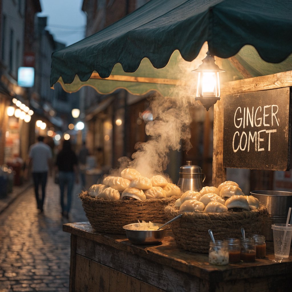 Steam curls above baskets of dumplings at a lively night-market stall, lantern light warming its canvas canopy; "GINGER COMET" is chalked in bold white letters on a blackboard beside the serving counter. — Recraft v4