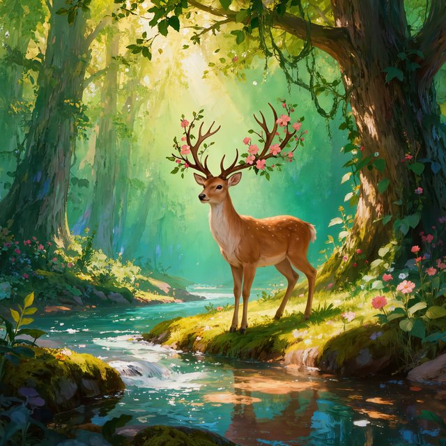 A majestic deer, its antlers intertwined with blooming vines, pauses by a crystal-clear stream in an enchanted glade. Sunlight filters through the canopy, dappling the forest floor. This is an oil painting with a rich, textured surface, capturing the dreamlike atmosphere of the scene. — Kling v3