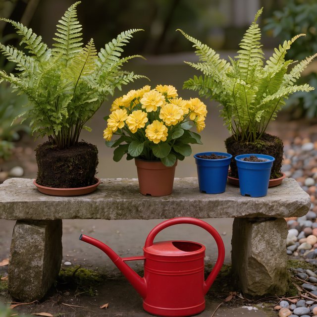 Exactly five potted plants stand on a stone ledge: two tall green ferns on the left, one flowering yellow plant in the center, and two small blue pots on the right. A red watering can sits below, nothing else. — Kling v3