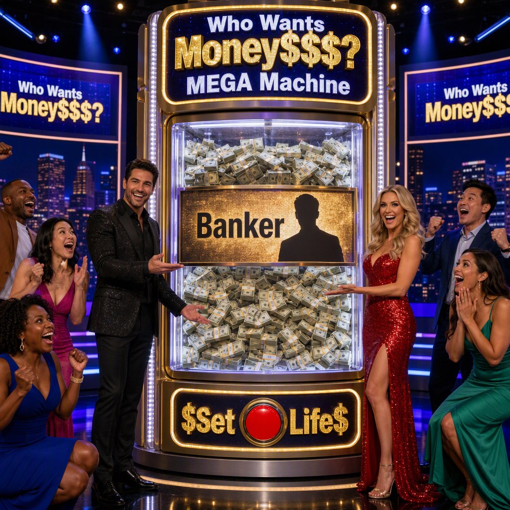 People on the set of a super mega game show called "Who Wants Money$$$?". There are at least six adults (three men and three women), all of different races, looking really excited. There is a big machine with a lot of cash inside. At the top of the machine it says "Who Wants Money$$$? MEGA Machine". In the middle of the machine it says "Banker", with the shadow of a man near the name. At the bottom of the machine it says "$Set 4 Life$", with a red button in the middle of the words. Near the machine are game hosts on both sides of it: a handsome man and a pretty woman. — GPT Image 2