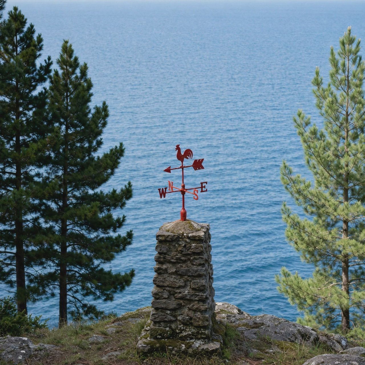 At a coastal overlook, a small red weather vane stands on a stone post. Exactly two dark-green pine trees line the left edge and one pale-green pine tree stands at the right edge; a blue sea fills the background, nothing else. — Muse Image 1.0