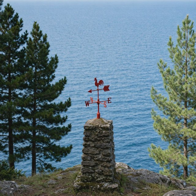 At a coastal overlook, a small red weather vane stands on a stone post. Exactly two dark-green pine trees line the left edge and one pale-green pine tree stands at the right edge; a blue sea fills the background, nothing else. — Model 14