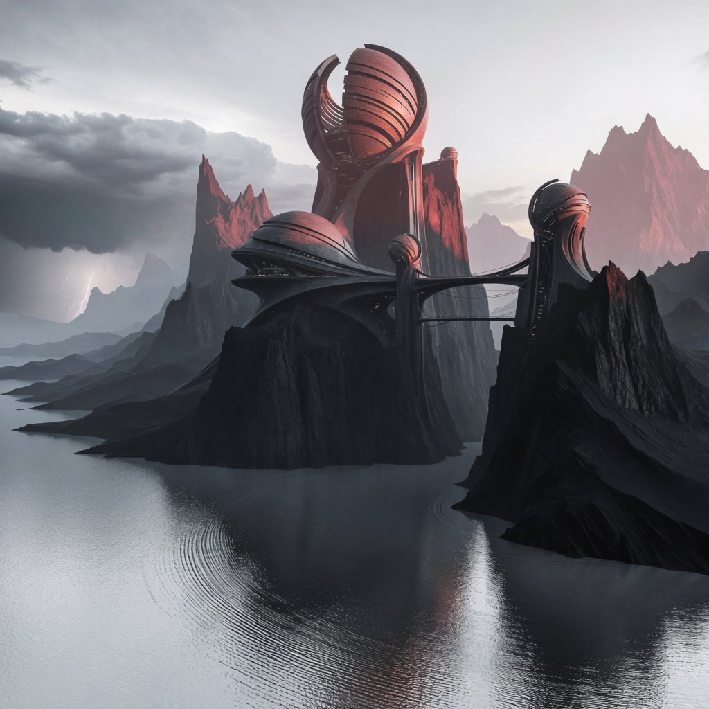 A wind-carved observatory crowns black cliffs above a silver inland sea, its open brass domes catching the last rose light. Salt mist drifts through suspended bridges as distant storms flicker beyond the horizon. — Krea 2 Medium