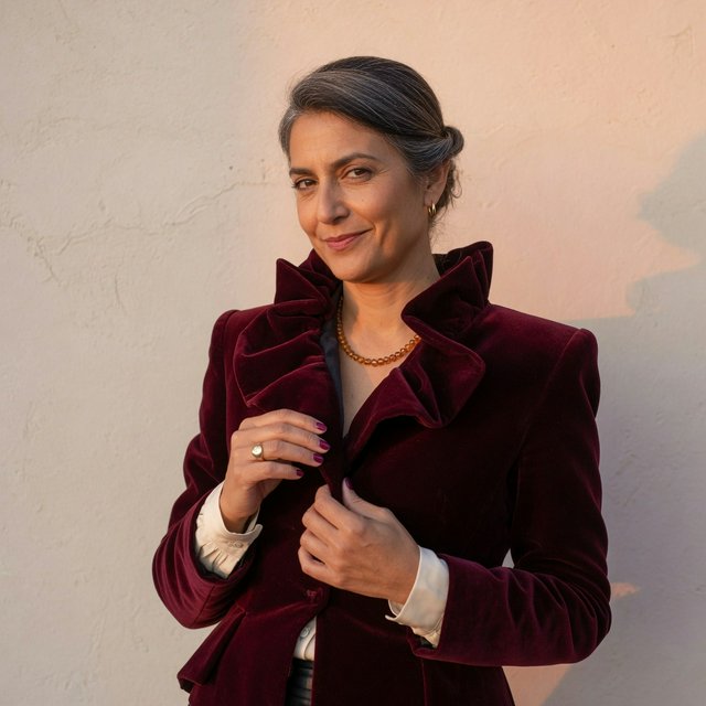 Fashion portrait of an adult woman in her early 50s wearing a sculptural burgundy velvet jacket, her hands lightly gathering its lapel. A wry, composed expression meets the camera against a warm ivory plaster backdrop, lit by soft late-afternoon window glow. — Grok Imagine Image Quality