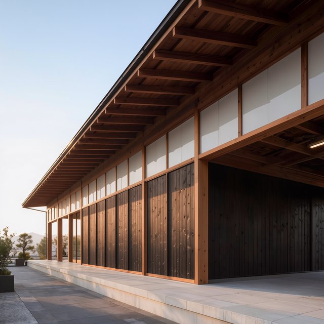 Contemporary Japanese timber train station, charred cedar cladding, pale concrete platform, broad pitched roof with exposed beams and translucent clerestories, cool morning light, viewed obliquely from the quiet approach plaza, precise straight lines and plausible structure. — Kling v3