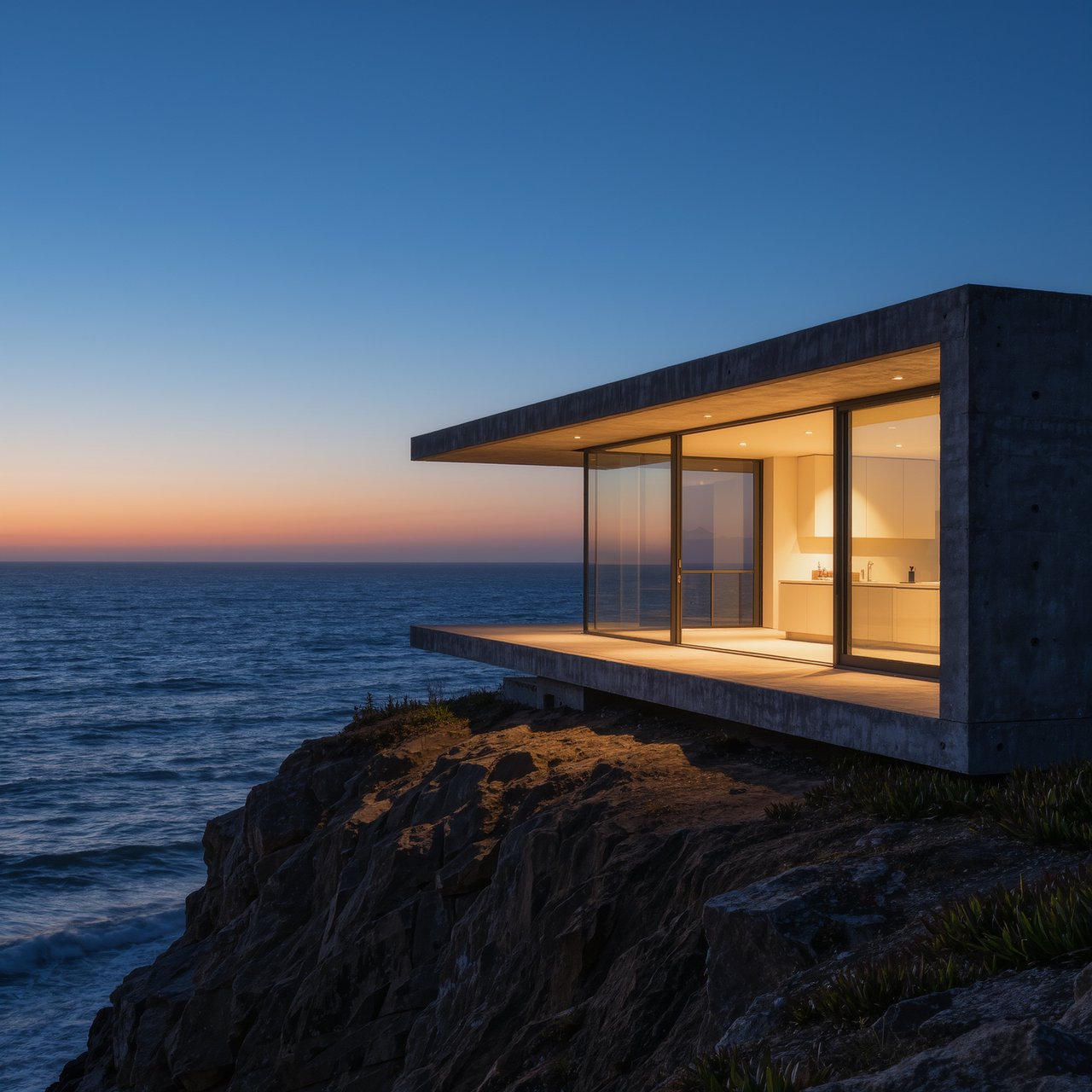 Exterior of a small concrete-and-glass house on a cliff above the sea, dusk, interior lights on, architectural photography. — Kling v3 Omni
