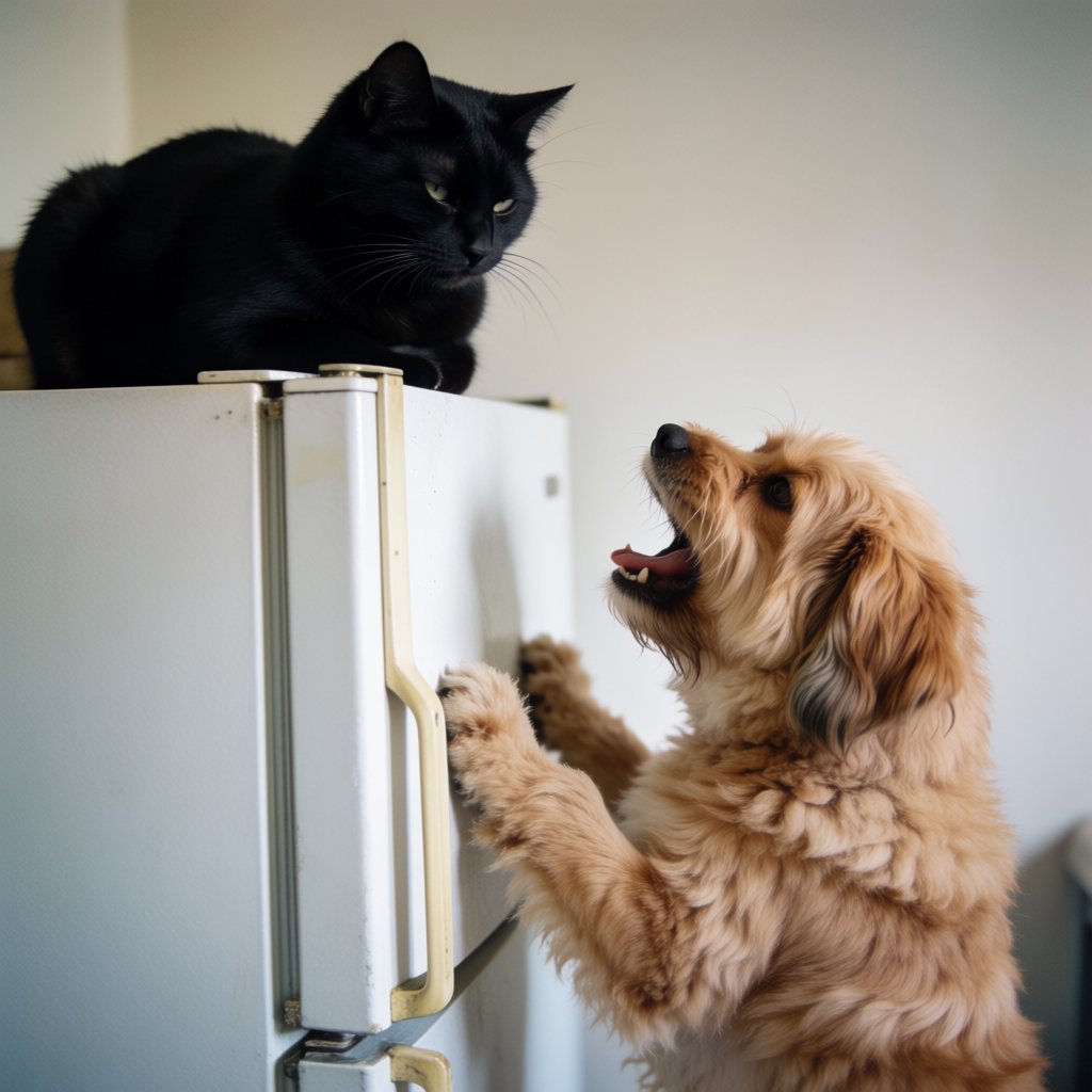 A cat sits on the top of a refrigerator calmly looking down at a barking dog. The dog is on his hind legs leaning on the fridge barking at the cat. — Krea 2 Medium