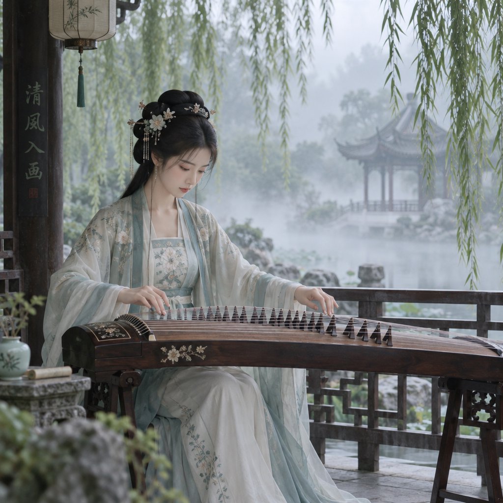 An elegant ancient Chinese lady in hanfu plays the guzheng in a quiet garden pavilion, surrounded by willow trees and mist, creating a poetic atmosphere. — GPT Image 2.5 Flare