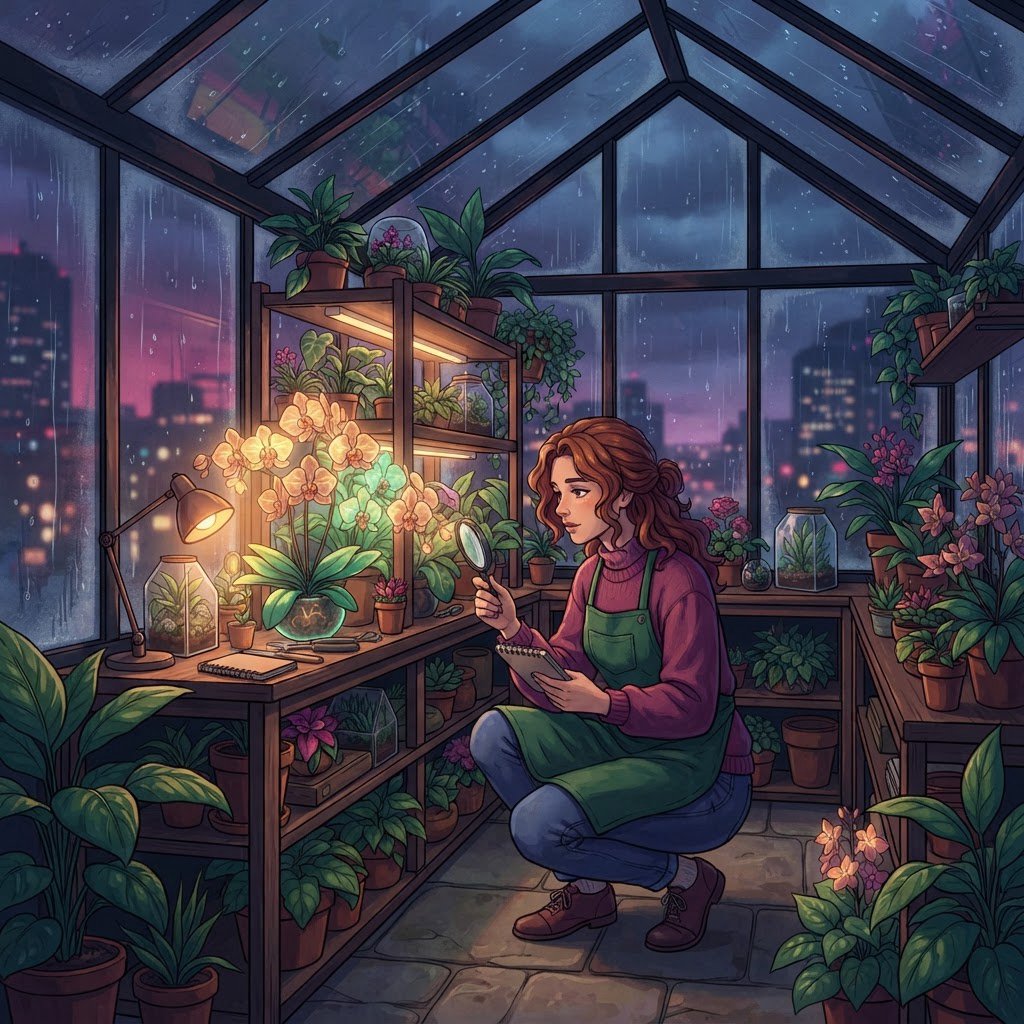 Rain beads on a rooftop greenhouse as an adult botanist studies luminous night-blooming orchids beneath glass panes; cel-shaded anime illustration in digital paint, palette of jade, magenta, indigo, and warm amber. — Nano Banana 2 Lite