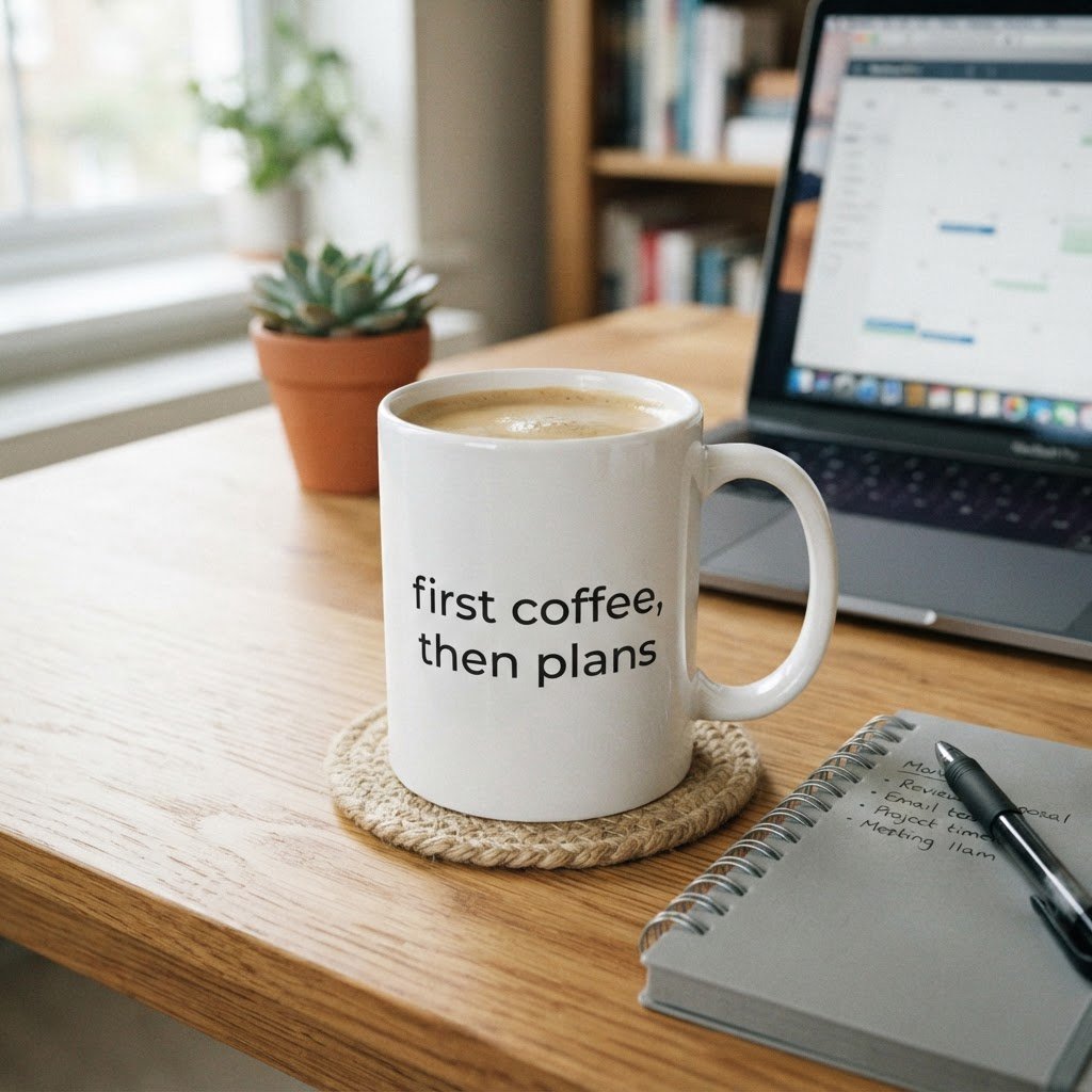 A white ceramic mug on a desk with the words "first coffee, then plans" printed in black lowercase sans-serif. — Nano Banana 2 Lite