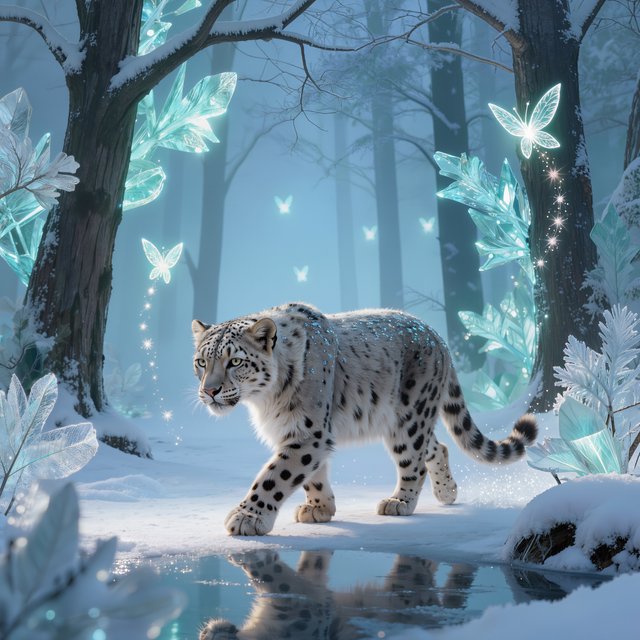 A majestic snow leopard, its fur shimmering with an internal bioluminescent glow, stalks through a frozen, enchanted forest. Crystalline trees with glowing, frost-covered leaves create a magical winter wonderland. Tiny, winged sprites flit between the branches, leaving trails of stardust. The image should capture the essence of a fairytale winter scene with a touch of photorealism, emphasizing the mystical light and the creature's ethereal presence. — Model 9