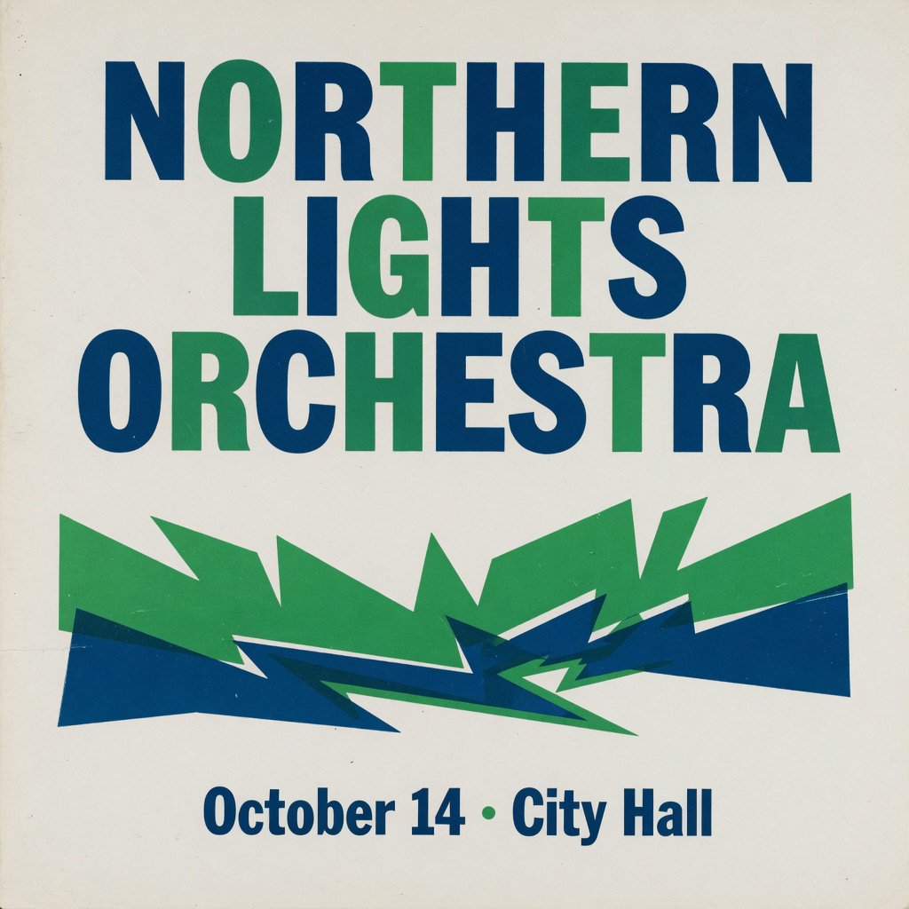 A minimalist concert poster with the words "NORTHERN LIGHTS ORCHESTRA" large at the top and "October 14 · City Hall" small at the bottom, two-colour print. — Grok Imagine Image Quality