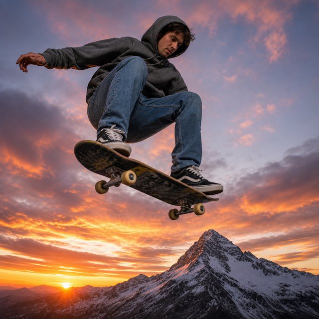 A man wearing a hoodie, jeans, and sneakers rides a skateboard that has taken off the ground. A low angle shows the man on the skateboard up in the air at high speed, with a snow-capped peak in the background beneath a setting sun in the evening sky. — GPT Image 2