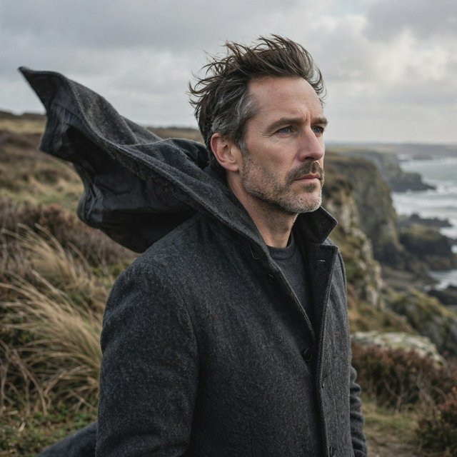 Wind lifts the hem of a charcoal wool coat as an adult man in his late 40s keeps a pensive gaze. The portrait frames him against a windswept coastal bluff beneath cool, cloud-filtered daylight. — Muse Image 1.0
