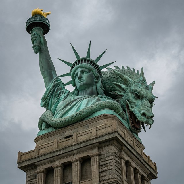 A dragon sleeping on the Statue of Liberty on a moody, overcast day. — Qwen Image 3.0 Pro