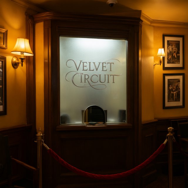 A narrow neighborhood cinema lobby glows with amber sconces, velvet ropes, and framed film stills; "VELVET CIRCUIT" is etched in elegant silver lettering across the frosted glass ticket-booth window. — Qwen Image 3.0