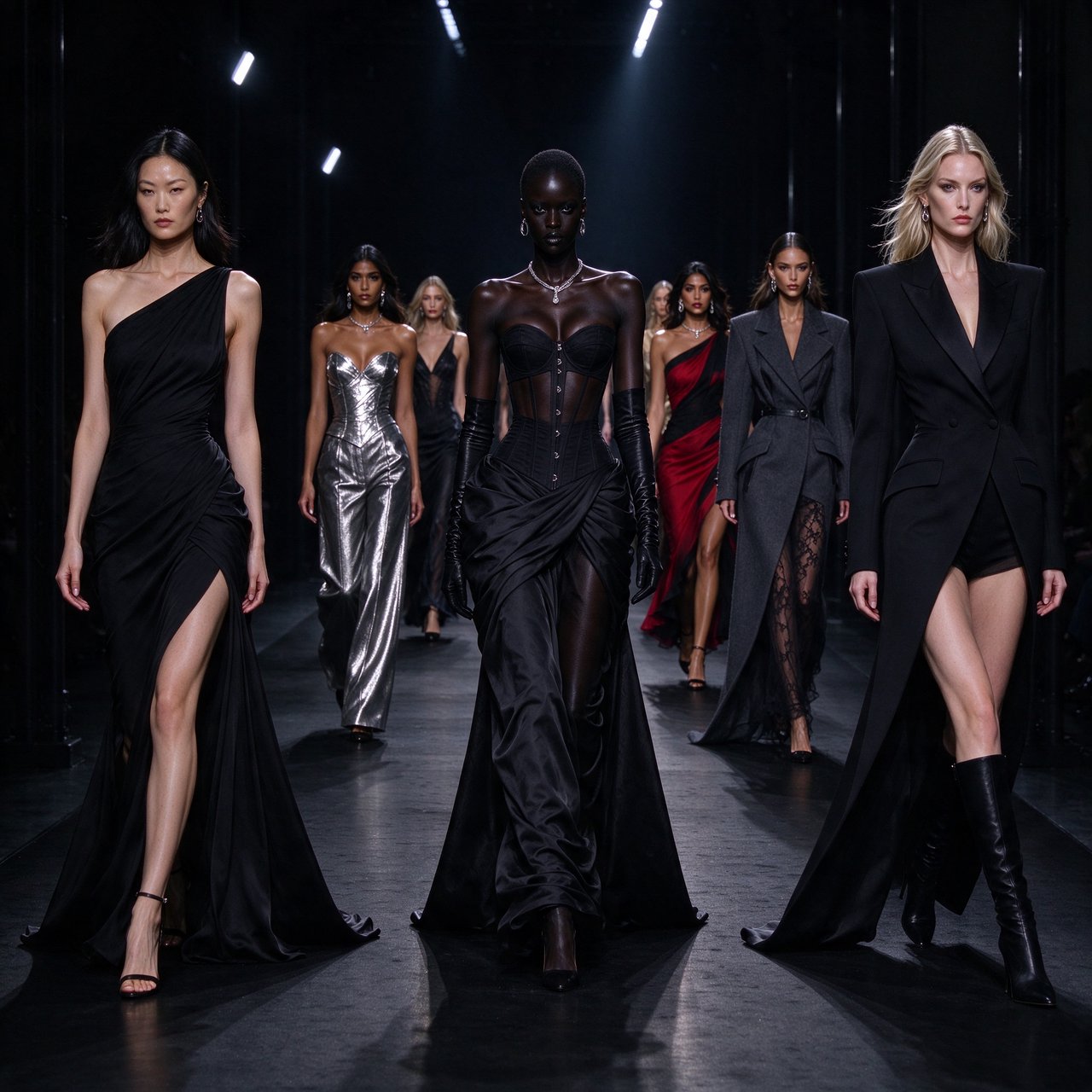 Adult female fashion models on the runway. There are models of all races: white, Black, Asian, Mexican, Indian, mixed race, etc. The vibe is cool and fierce. Many angles. — Seedream 5.0 Flash