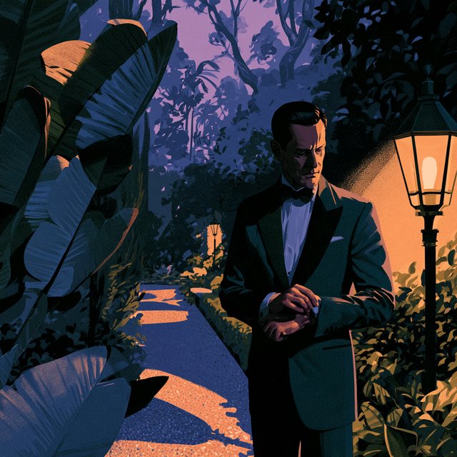Along a garden path at violet dusk, an adult man in a midnight-green dinner suit adjusts one cuff beneath warm lantern glow, caught in a quiet pre-event pause with glossy leaves and elegant magazine polish. — Midjourney V8.2