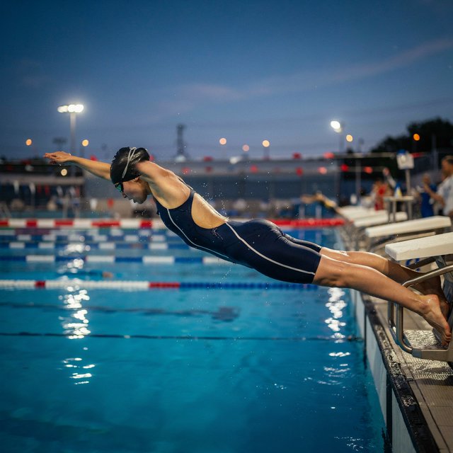 Under the blue-hour floodlights, an adult swimmer drives off the starting block into an outdoor pool. A real-world sports press photo, shot at 200mm with shallow depth of field, captures beads of water suspended around her shoulder. — Ideogram v4.5