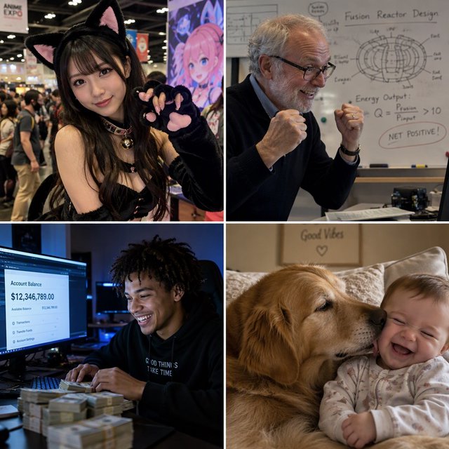 Realistic. Four scenes in one. 1) A pretty Japanese woman, about 19–23 years old, in cat-type cosplay at an anime convention. 2) An old German man or woman, about 60–65 years old, finally having a breakthrough that would change the world. 3) A happy, mixed-race, 21-year-old female or male hacker checking their bank account, which has many zeros, with a bundle of cash near their PC. 4) A happy moment that would make you smile. — GPT Image 2.5 Sunburst