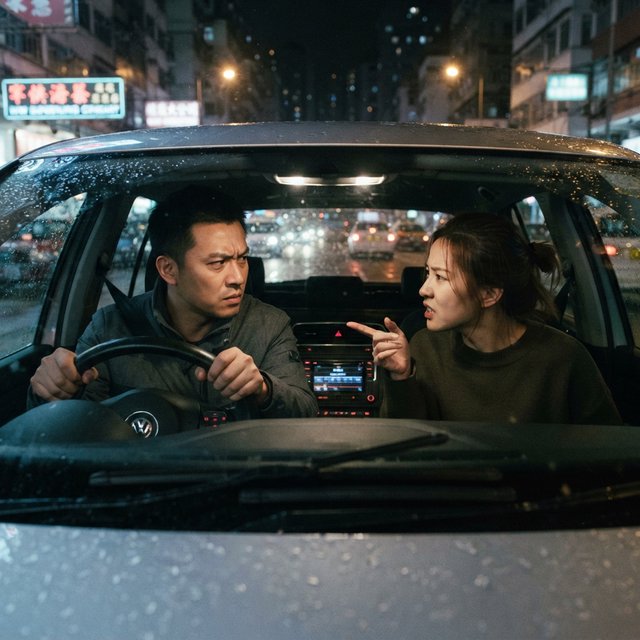 Frontal cinematic shot through the windshield of a car driving at night. A 35-year-old Chinese man is in the driver’s seat, gripping the steering wheel and arguing back in visible frustration. Beside him, a 30-year-old Chinese woman in the front passenger seat is nagging him animatedly, gesturing as she speaks. Both are clearly engaged in a tense argument. Nighttime city lights and passing streetlights glow outside, with reflections across the windshield and realistic interior lighting. — Nano Banana 2 Lite