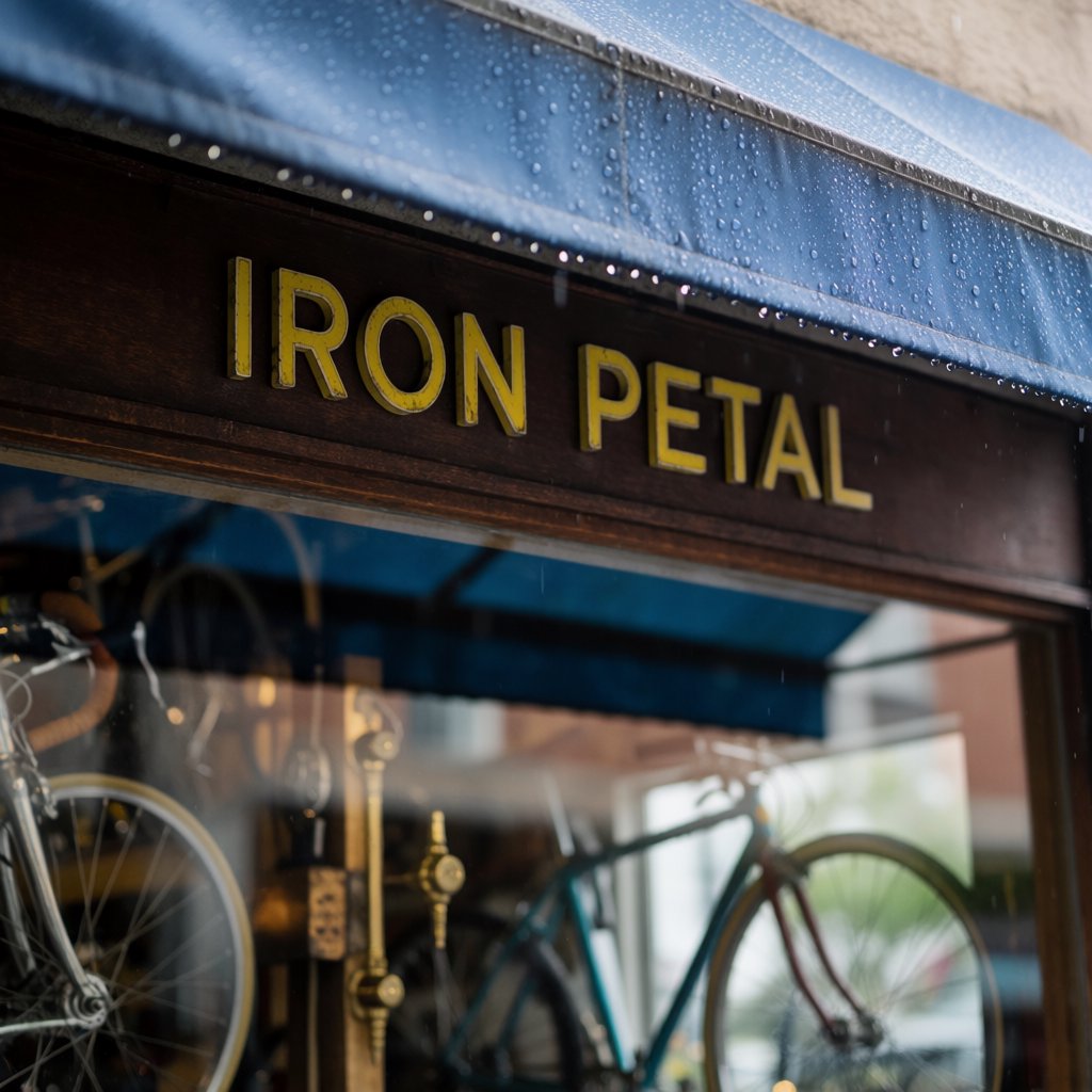 Rain beads on a bicycle repair shop’s blue awning, with wheels and brass tools visible behind the glass; “IRON PETAL” is lettered in warm yellow enamel capitals across the wooden fascia. — Krea 2 Medium